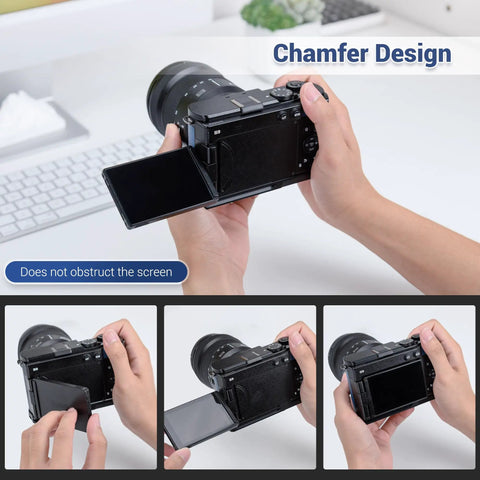 Hand holding Panasonic Lumix S9 with Street Ready S9 Hand Grip For Panasonic Lumix S9 Camera With L Shape Bracket And Built In Arca Quick Release Plate Battery Compartment Access Anti Slip Leather Pad For A Solid On The Go Shoot shown in use