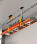 Ceiling Ladder Hoist System For Garage Storage Heavy Duty Pulley Lift Holds Up To 150 Lbs For Ladders Kayaks Bikes Canoes And Cargo Boxes
