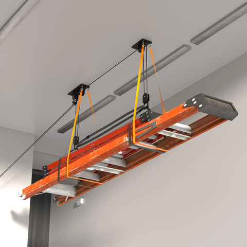 Ceiling Ladder Hoist System For Garage Storage Heavy Duty Pulley Lift Holds Up To 150 Lbs For Ladders Kayaks Bikes Canoes And Cargo Boxes