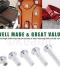 Rivets Assortment Kit With 150Pcs M6 Aluminum Flat Head Semi Tubular Rivets in 8mm 16mm 20mm 25mm 30mm Sizes Plus One Installer Setter Tool For Leather Craft DIY Auto Projects displayed with leather and box applications.