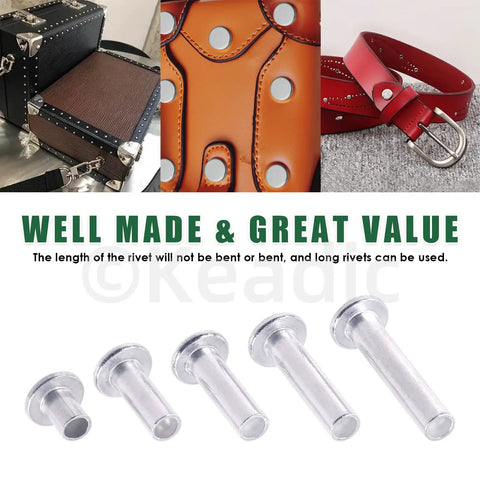 Rivets Assortment Kit With 150Pcs M6 Aluminum Flat Head Semi Tubular Rivets in 8mm 16mm 20mm 25mm 30mm Sizes Plus One Installer Setter Tool For Leather Craft DIY Auto Projects displayed with leather and box applications.
