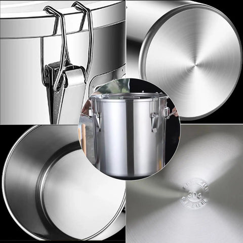 Massive 304 Stainless Steel Airtight Food Storage Bin With Heavy Duty Locking Clamps For Serious Kitchen Pantry Reset, details of clamps and surface.