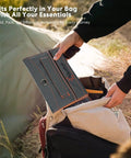 Person packing Go-To 10000mAh Solar Charger with 30W Foldable Panels into a backpack for outdoor use.