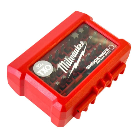 Shockwave Compact Torx Bit Set 32 Piece With SHOCKZONE Geometry in red case with transparent lid, useful for impact tools.