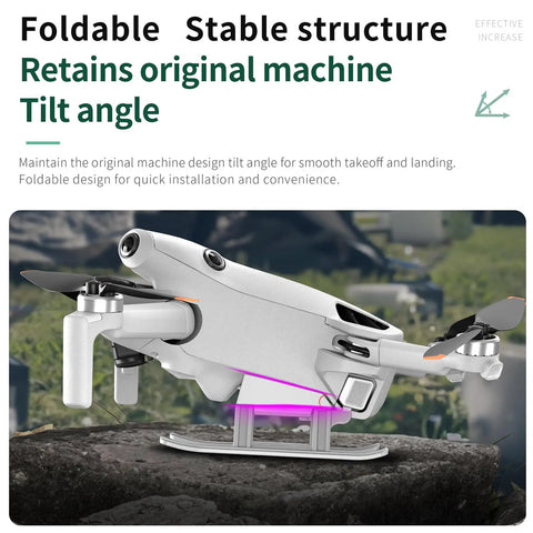Mini 4 Pro Landing Gear Foldable For DJI Mavic Mini 4 Pro Drone shown with 20mm lift and ground clearance, highlighting tilt angle retention.
