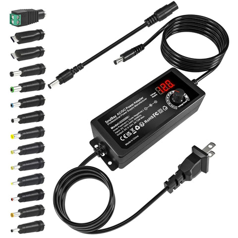 Universal AC DC Power Supply Adapter 72W Adjustable 3V To 24V Output With Voltage Display, 14 Tips And 1 Reverse Polarity Cable