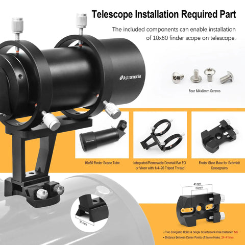 Components for installing 10x60 Finder Scope and 45 Degree Guide Scope With Illuminated Reticle Eyepiece For Astro Photography And Travel.