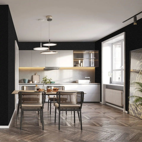 Modern kitchen with Thick Black Peel And Stick Wallpaper Self Adhesive Wall Covering for Bathrooms and Kitchens, 17.51 in by 400 in.