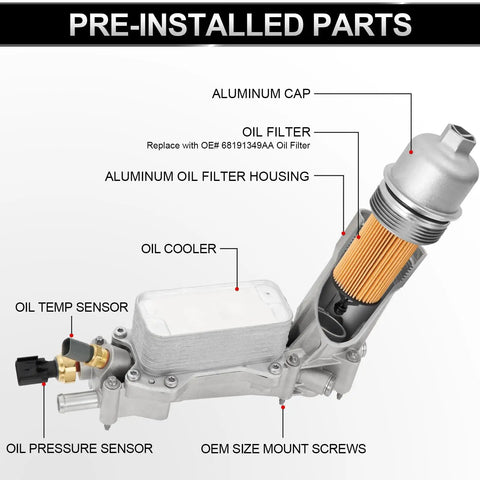 Full Aluminum Engine Oil Filter Housing And Oil Cooler Kit With Gaskets And Sensors For 2011 2016 3 6L V6 Chrysler Dodge Jeep Ram Models Built To Roll showing pre-installed parts