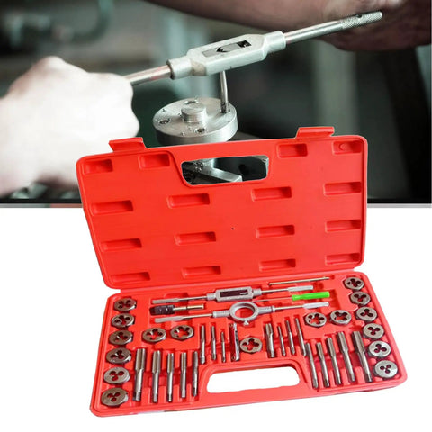 Eujgoov Metric Tap And Die Set With 17 Pieces For Metal Wood Threading Tools Wrench Screwdriver Pitch Gauge Repair Kit for Iron Aluminum Copper Common Materials open red case