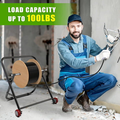 Technician using All Steel Cable Caddy With Wheels Foldable Wire Spool Rack Holder Portable Reel Caddy 100 Pound Capacity