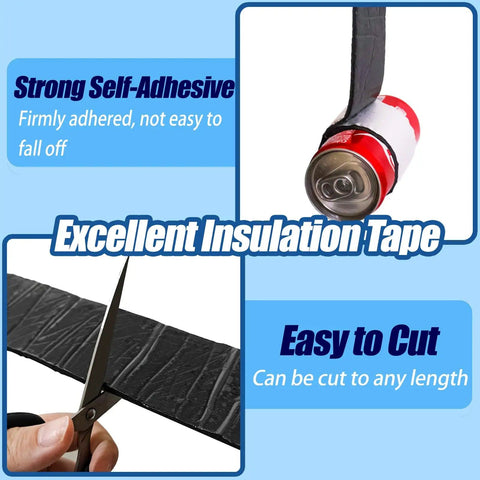 All Season Outdoor Pipe Insulation Wrap 2 Inch Wide By 33 Foot Self Adhering Foam Tape With Aluminum Foil shown being cut with scissors.