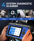 Hands holding OBD2 Scanner Pro Grade With 9 Reset Services, showing screen and vehicle system diagnostics.