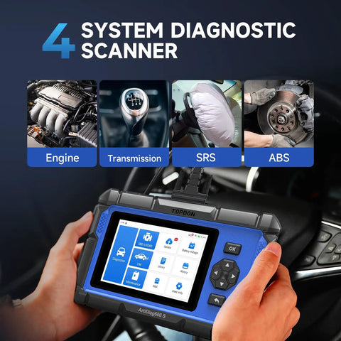 Hands holding OBD2 Scanner Pro Grade With 9 Reset Services, showing screen and vehicle system diagnostics.