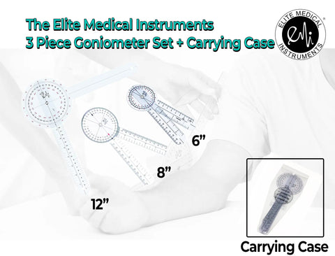 Three Piece Goniometer Set With 12 Inch, 8 Inch, And 6 Inch Plastic Goniometers Plus Handy Carrying Case For Precise Joint Range Of Motion Measurements And Rehab Workouts, 3-piece set