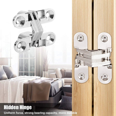 Hidden Hinge For Cabinets And Doors 180 Degree Frameless Concealed Stainless Steel Hinge No Visible Hardware For Wooden Boxes Front Doors Smooth Swing, shown installed on wooden surface