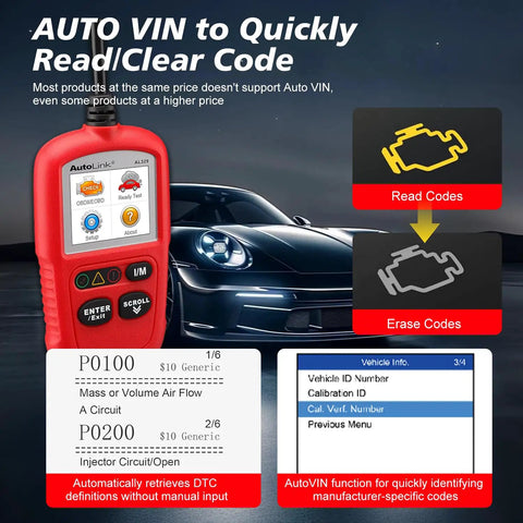 OBD2 Scanner AL329 Upgraded Diagnostic Tool With One Click IM Readiness Auto VIN Code Reader in front of a sports car