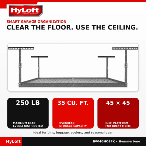 Hard As Nails Overhead Steel Garage Storage Ceiling Rack 45X45 Inch Black Hammertone Finish No Sweat Design Saves Floor Space For Totes Coolers And Travel Gear