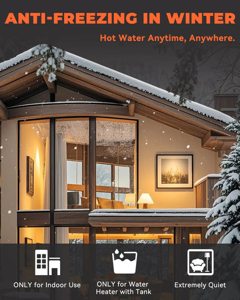 Hot Water On Tap Recirculation System For Tank Heaters With Adjustable 68 To 118 Degree Bypass Valve showcased in winter setting.