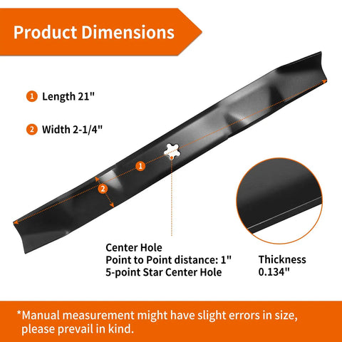 21 Inch Mulching Mower Blades For Husqvarna Poulan Pro Craftsman 42 Inch Deck Replacement, dimensions and star center hole detail