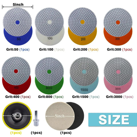 Diamond Polishing Pads Set 5 Inch With 5/8-11 Hook And Loop Backing, 10 Piece Wet Dry Concrete Polishing Kit different grit