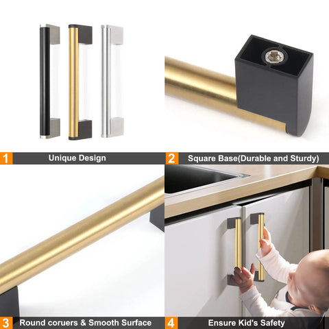 Gold And Black Cabinet Handles Pack Of 10 Slick Brushed Brass Look Drawer Pulls for Kitchen Bath and Bedroom Furniture, Detail View