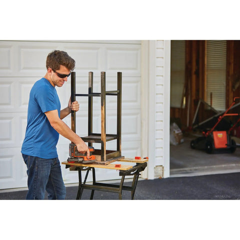 Man using 20V Max Sheet Sander with 12,000 OPM for fast material removal on a wood project outdoors