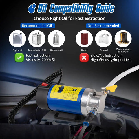 Oil compatibility guide showing recommended and not recommended oils for the Heavy Duty 12V Electric Oil Extractor Pump For Rapid Motor And Transmission Fluid Exchange Uses Dipstick Access For Grease Monkey Free Garage Work On Cars And Small Equipment.