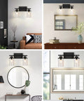 Matte Black Two Light Vanity Light Fixtures With Clear Glass Shades Over Mirror Wall Sconces For Bathroom Modern Farmhouse Style