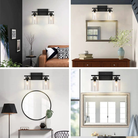 Matte Black Two Light Vanity Light Fixtures With Clear Glass Shades Over Mirror Wall Sconces For Bathroom Modern Farmhouse Style