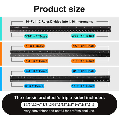 Professional Anodized Aluminum Architectural Scale Ruler With Rock Solid Precision Imperial Measurements 12 Inch dimensions showing scale increments