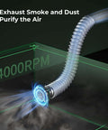 Laser engraver enclosure exhaust vent with flexible corrugated hose and blue-lit inline fan.