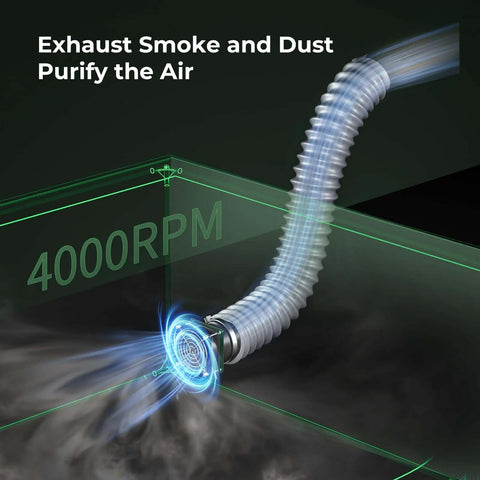 Laser engraver enclosure exhaust vent with flexible corrugated hose and blue-lit inline fan.