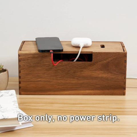 Acacia Wood Cable Management Box with Magnetic Lid and Ventilation for Power Strips, TV Wires, and Desk or Floor Cables on desk