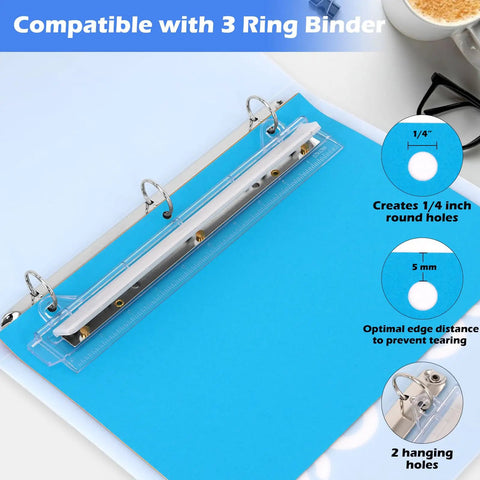Portable 3 Hole Punch For 3 Ring Binders With One Quarter Inch Holes, lightweight and durable puncher with ruler and scrap tray