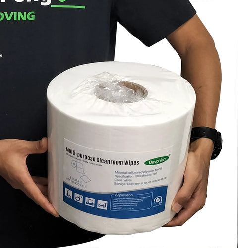 Heavy Duty Industrial Cleanroom Wipes, Lint Free Cellulose Polyester Blend Shop Rags For Nitty Gritty Grease And Oil Cleanup, 8X12 Inch Rolls Of 500 Pro Grade Workhorse Sheets held by a person.