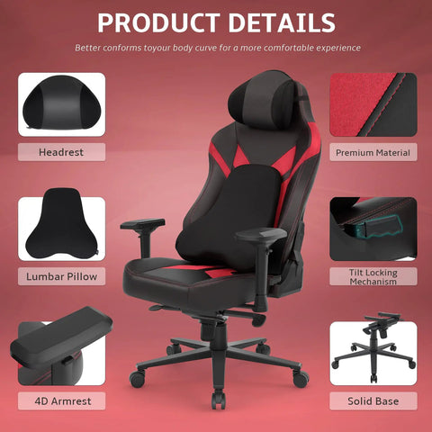 Comfy Ergonomic Gaming Chair With 4D Armrests High Back Office Chair With Headrest And Lumbar Support Tilt Rocker Recliner