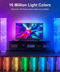 Lit 52 Inch Slim Modern Floor Lamp With RGB Color Changing Tyvek Fabric Shade next to a TV displaying vibrant colors.
