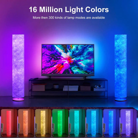 Lit 52 Inch Slim Modern Floor Lamp With RGB Color Changing Tyvek Fabric Shade next to a TV displaying vibrant colors.
