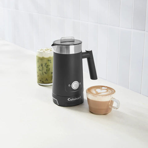Black hot and cold foam milk frother for coffee and cafe style drinks like lattes cappuccinos macchiatos and hot chocolate with stainless steel nonstick milk tank.