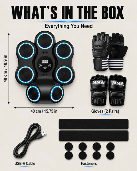 Wall Mounted Boxing Trainer With 3D Uppercut Targets, Smart Musical Boxing Machine with gloves, USB cable, and fasteners.