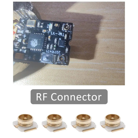 80Pcs IPX UFL RF Coaxial Connectors SMD SMT PCB Mount Socket Jack Female For Antenna Wireless LAN Equipment Coaxial Cable 50 Ohm Impedance Solder Friendly Pro Grade Design, shown close-up on circuit board with four connectors displayed.
