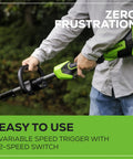 User operating Heavy Duty 40V Cordless String Trimmer With Brushless Motor Variable Speed and 17 Inch Cutter dual line bump head.
