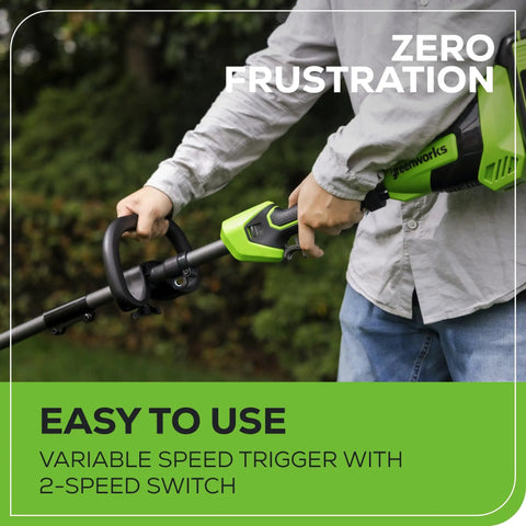 User operating Heavy Duty 40V Cordless String Trimmer With Brushless Motor Variable Speed and 17 Inch Cutter dual line bump head.