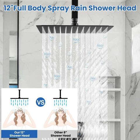 Shower Faucet Set And Handle Kit Single Function Ceiling Mount Rainfall Shower System With 12 Inch Square Matte Black Shower Head