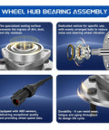 Infographic with images of Beefed Up Front Wheel Bearing Hub Assembly 2 Pack For 2006 To 2010 Ford Explorer, bearings, and ABS sensor.