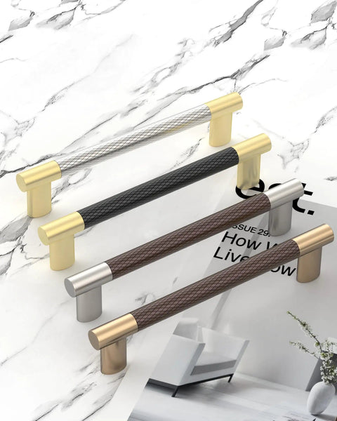 Beefy 6.3 Inch Cabinet Pulls Set Of 10 Gold And Nickel Knurled Brushed Finish displayed on marble surface