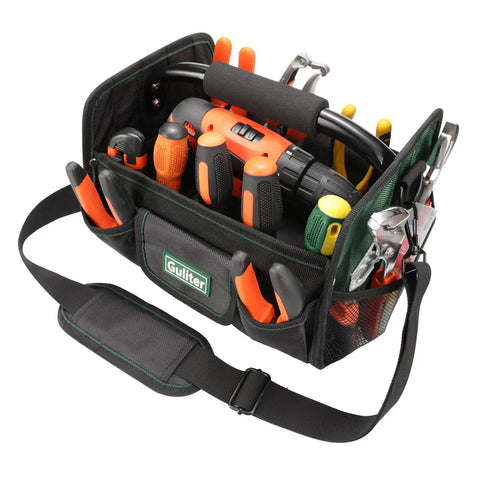Solid 11 Inch Open Top Tool Tote With 21 Slick Pockets Built For Electricians And Contractors Durable 1680D Oxford Canvas Work Bag Sporting Stainless Steel Handle And Comfy Adjustable Strap For The Daily Grind And Quick Gear Grab Black Green
