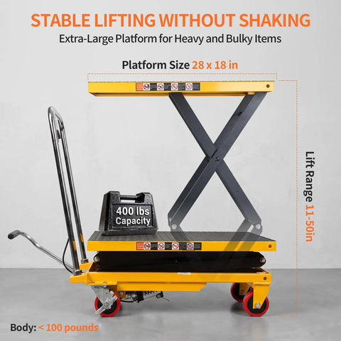 Heavy Duty Hydraulic Lift Table Cart Supporting 400 Pounds Featuring Built Like A Tank Steel Frame And Smooth Foot Pump For No Sweat Loading Plus Easy Hauling Across Shop Floors with 28x18 in platform.