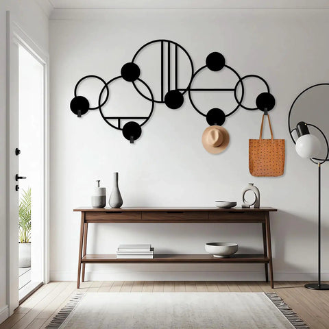 Abstract Metal Wall Hanger With Geometric Coat Hooks, Killer Wall Art For Entryway, Modern Silver Coat Rack Organizer, Smooth Operator Hat Stand Holder 53x26 Inches on wall with bags and hat.
